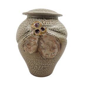 Vintage Studio Pottery Lidded Jar Signed Artisan Vase Urn Tan Floral Relief